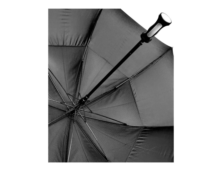 Blizzard 30" RPET Golf Umbrella - A black RPET golf umbrella with a sturdy handle and a reinforced frame, featuring an interior view of its structure.