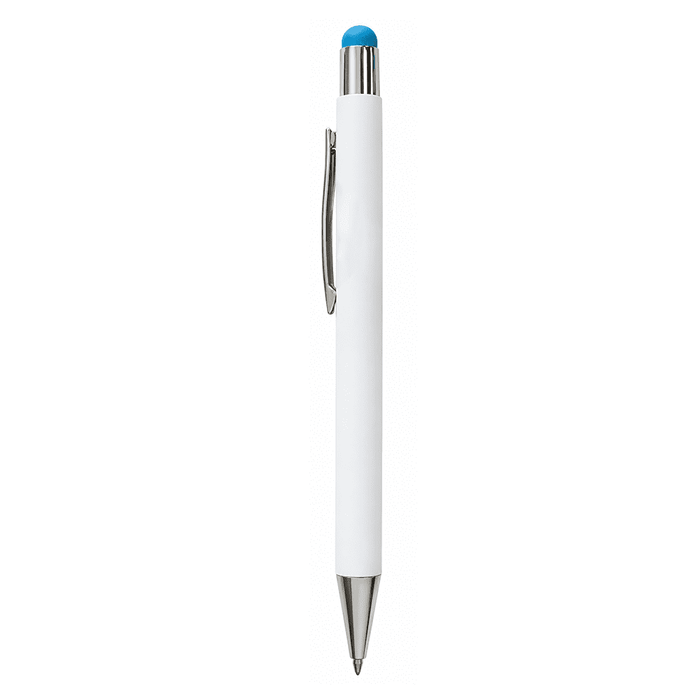 Vitra Pen - A white pen with a silver clip and a blue stylus tip, featuring a simple design and a logo.
