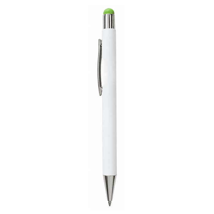 Vitra Pen - A white pen with a silver clip and a green top, featuring a logo on the body.