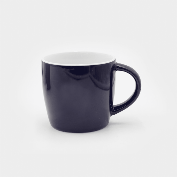 The Maxwell 330ml Ceramic Mug - A ceramic mug in navy blue with a white interior and a rounded handle. It features a logo on the surface.