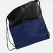 The Buddy Drawstring Bag - A drawstring bag in black and navy blue, featuring a zippered front pocket and two drawstrings.
