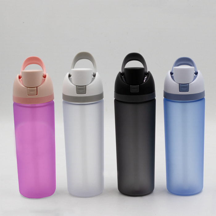 The Bondi 700ml Drinking Bottle - A drink bottle collection featuring pink, grey, black, and blue colours, each with a flip-top lid and handle.