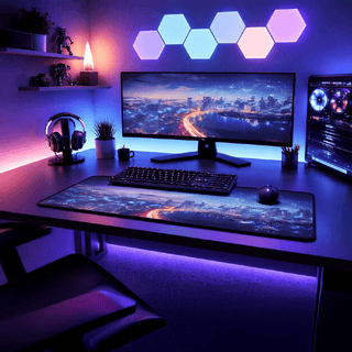 Rubber Desk Mat - A rubber desk mat featuring a cityscape design on a sleek black surface, complementing a modern office setup.