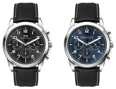 Chrono Unisex Watch, Leather Strap - A unisex Chrono watch with a black leather strap, featuring two dial options: black and blue. Each has a branded logo.