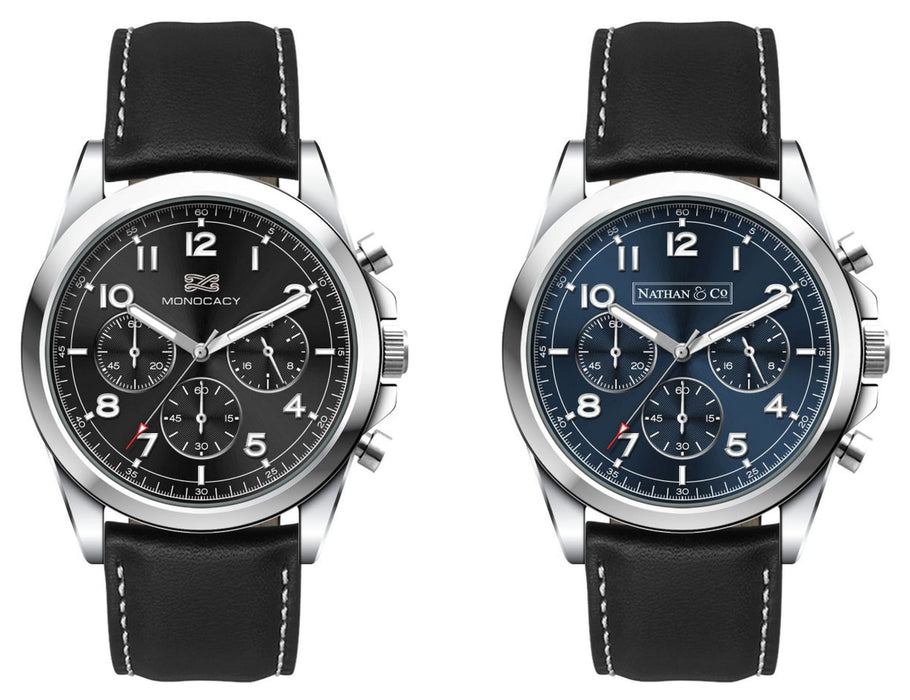 Chrono Unisex Watch, Leather Strap - A unisex Chrono watch with a black leather strap, featuring two dial options: black and blue. Each has a branded logo.