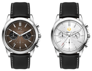 Chrono Unisex Watch, Leather Strap - A unisex watch featuring a brown dial and black leather strap alongside a silver dial and leather strap watch.