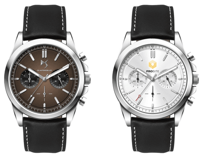 Chrono Unisex Watch, Leather Strap - A unisex watch featuring a brown dial and black leather strap alongside a silver dial and leather strap watch.