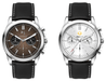 Chrono Unisex Watch, Leather Strap - A unisex watch featuring a brown dial and black leather strap alongside a silver dial and leather strap watch.