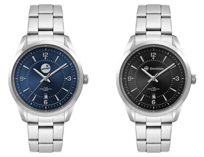 Ladies Casual Dress Watch, Stainless Steel Strap - Two stainless steel strap watches featuring a blue dial and a black dial, both with numeric markers and a date display.