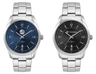 Mens Casual Dress Watch, Stainless Steel Strap - A casual dress watch with a stainless steel strap, featuring a blue and a black dial design. Both have branding.