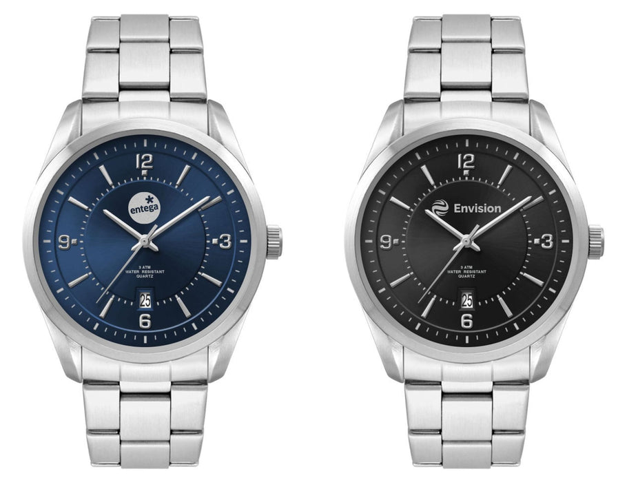 Mens Casual Dress Watch, Stainless Steel Strap - A casual dress watch with a stainless steel strap, featuring a blue and a black dial design. Both have branding.