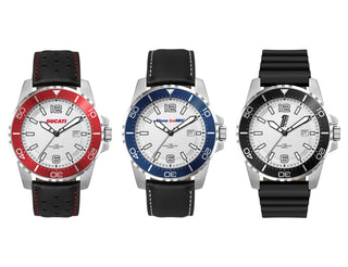 Sports Watch, Leather or Silicone Strap - Sports watches with silver cases and white dials, featuring red, blue, and black silicone or leather straps. Each has a logo.