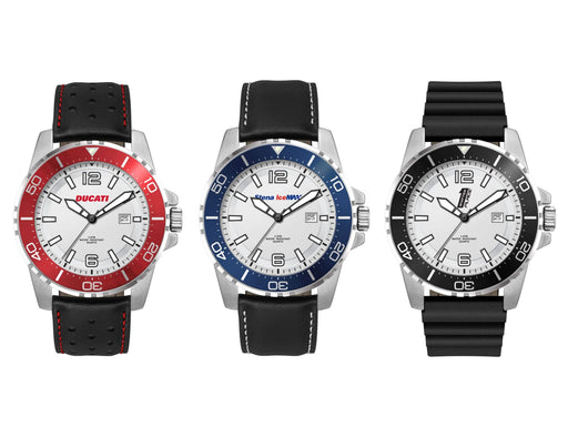 Sports Watch, Leather or Silicone Strap - Sports watches with silver cases and white dials, featuring red, blue, and black silicone or leather straps. Each has a logo.