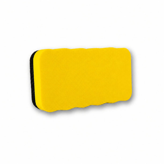 Magnetic Foam Whiteboard Eraser - A yellow magnetic foam whiteboard eraser with a textured surface and black backing. Features a logo.