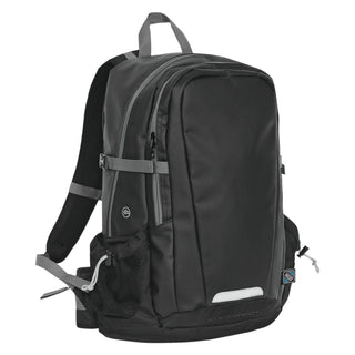 Deluge BackPack - A sleek black backpack with multiple compartments, adjustable straps, and a mesh side pocket. It features a logo.