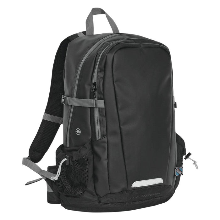 Deluge BackPack - A sleek black backpack with multiple compartments, adjustable straps, and a mesh side pocket. It features a logo.