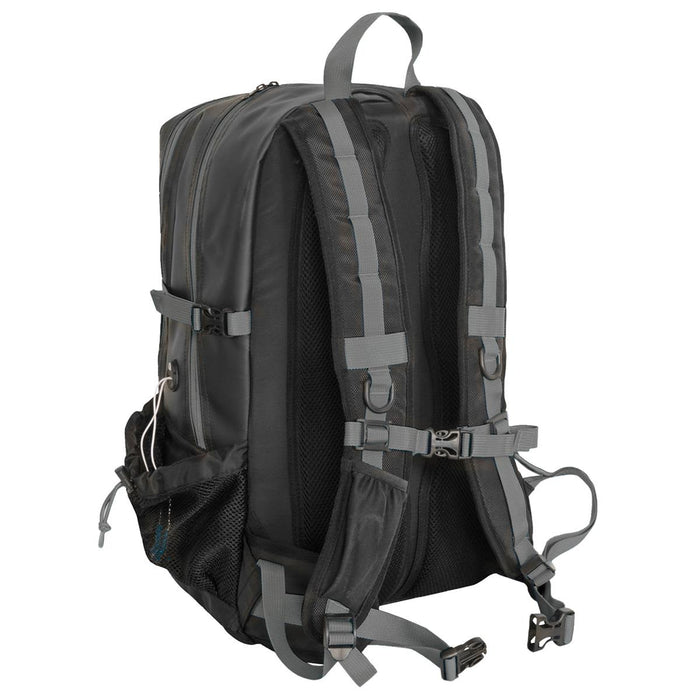 Deluge BackPack - A black backpack with grey straps, featuring multiple compartments and a mesh side pocket. It has a logo on the front.