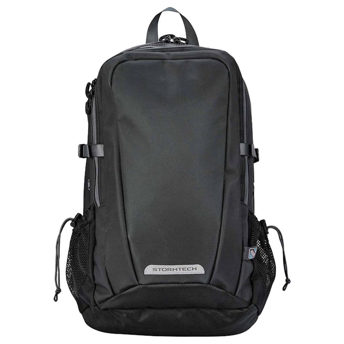Deluge BackPack - A sleek black backpack with mesh side pockets and a branding logo. Features multiple zippered compartments.