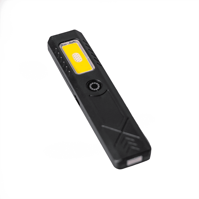 Rechargeable Work Light - A rechargeable work light in black with a bright yellow LED panel and a circular switch.