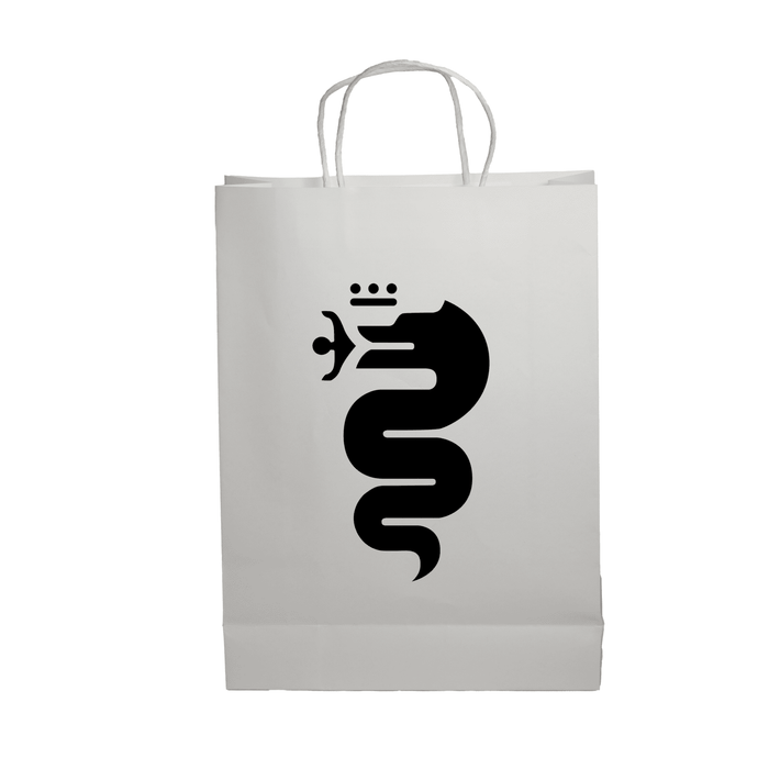 Paper Show Bag - A white paper bag featuring a black logo with a serpent design and two crowns, complete with sturdy handles.