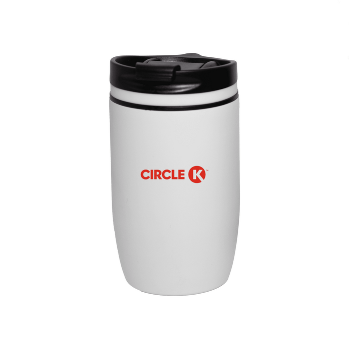 The Roamer 300ml Vacuum Cup - A drink bottle in white with a black lid and a logo on the front.