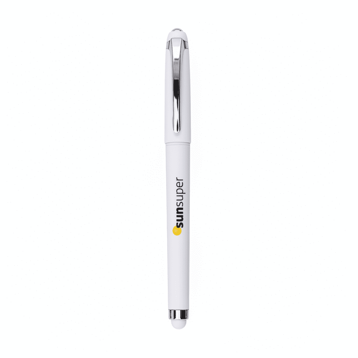 Fidget Gel Pen - A white gel pen with a shiny silver clip and a logo on the barrel.