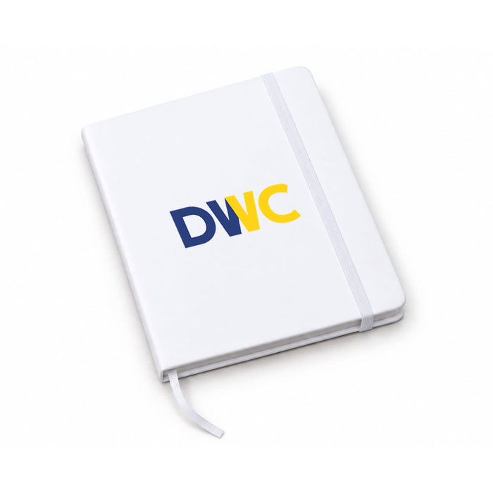 FSC Notebook - A white FSC notebook with a coloured logo on the cover and a ribbon bookmark.