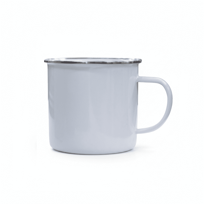 The Murray 500ml Mug - A drink bottle in white with a silver rim and a sturdy handle, featuring a logo.