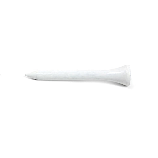 Wooden Tees 70mm - A white wooden golf tee measuring 70mm, featuring a round base and a tapered top. It has a logo on the side.