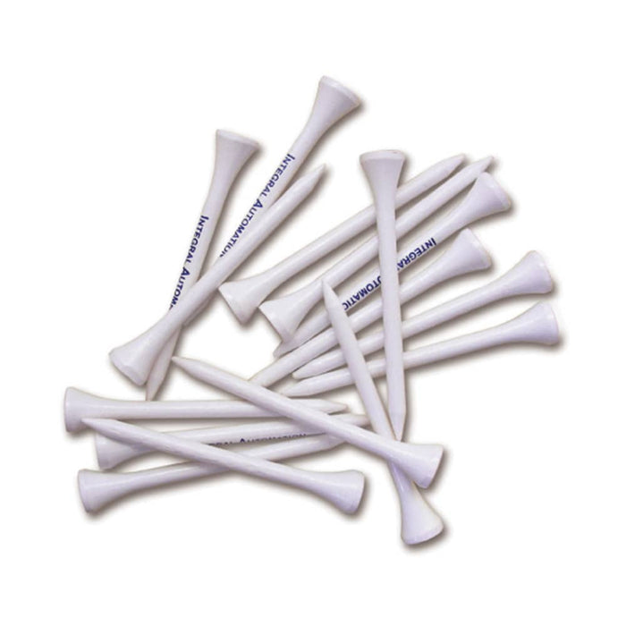 Wooden Tees 70mm - A collection of white wooden golf tees, each measuring 70mm, arranged neatly in a pile.