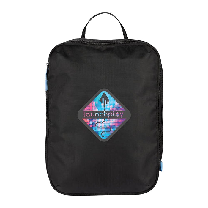 Wander & Roam Compression Packing Cube Set - A black packing cube with a geometric logo, featuring shades of blue and purple. It has a zip closure and a handle.