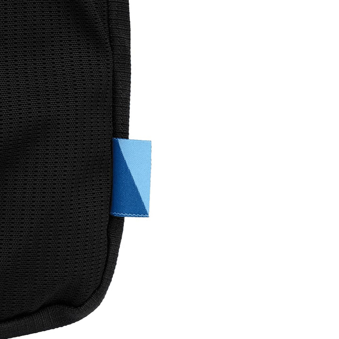 Wander & Roam Organiser Case - A black organiser case featuring a blue accent and a branding logo. The fabric has a textured pattern.