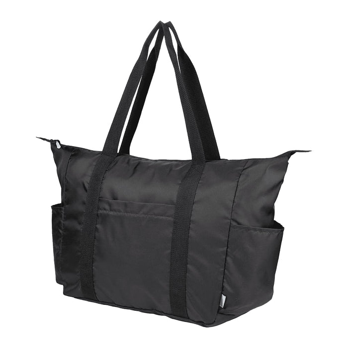 Wander & Roam Packable Travel Duffel Bag - A packable travel duffel bag in black, featuring sturdy handles and multiple exterior pockets. It has a logo present.