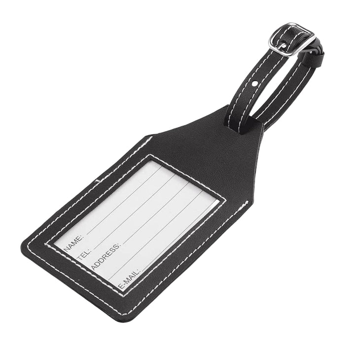 Wander & Roam Luggage Tag w/ AirTag Holder - A black luggage tag with a clear ID window and a buckle strap, featuring white stitching details.