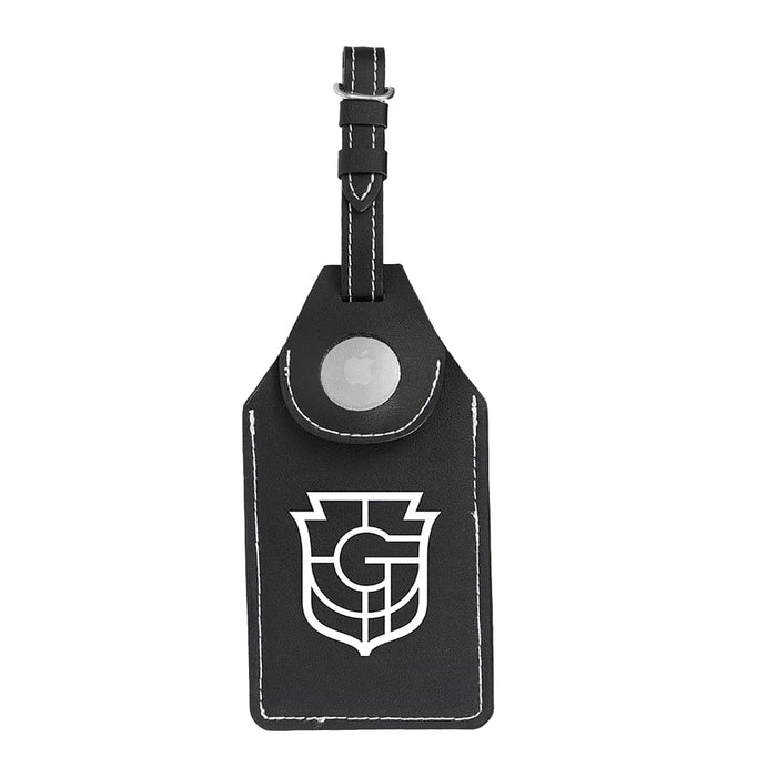 Wander & Roam Luggage Tag w/ AirTag Holder - A black luggage tag featuring a holder for an AirTag, with contrasting white stitching and a logo.