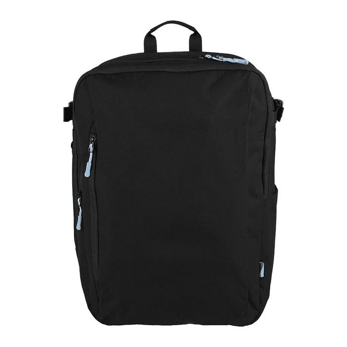 Wander & Roam Travel Backpack - A black travel backpack with multiple zippered pockets and a top handle. It features blue zipper accents and has a logo.