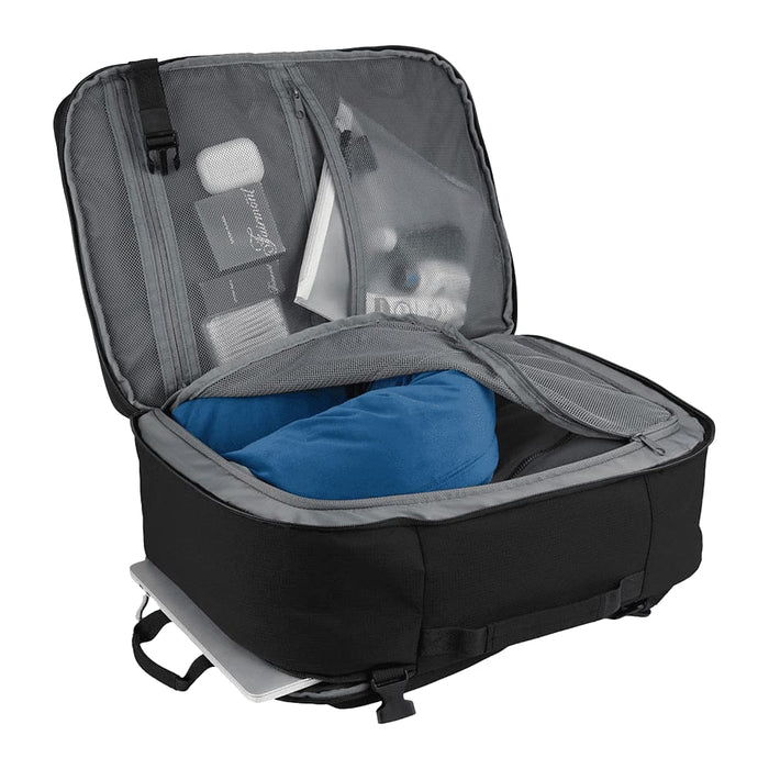 Wander & Roam Travel Backpack - A black travel backpack with grey lining, featuring compartments for a blue pillow and various travel essentials.
