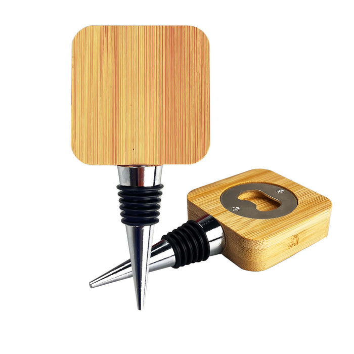Bamboo Wine Stopper Opener - A bamboo wine stopper opener with a square top and metallic accents, featuring a bottle opener and a rubber stopper.