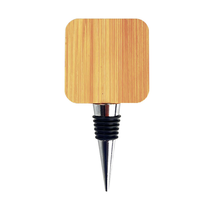 Bamboo Wine Stopper Opener - A bamboo wine stopper with a metallic base and a sleek design, featuring a square top.