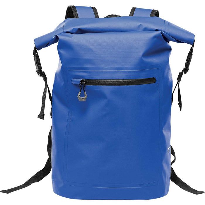 Cirrus Backpack - A blue waterproof backpack with adjustable straps and a front zip pocket, featuring a logo.