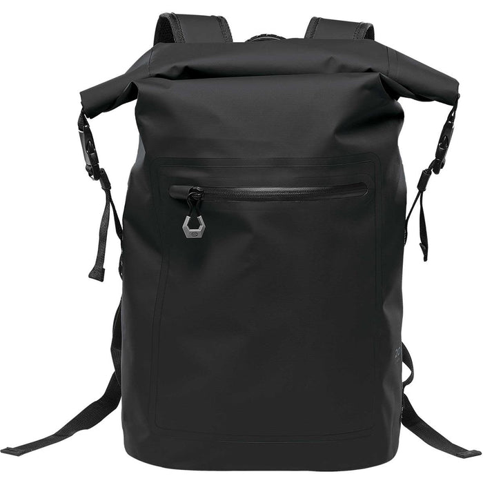 Cirrus Backpack - A black waterproof backpack with adjustable shoulder straps and a front zip pocket, featuring a logo.