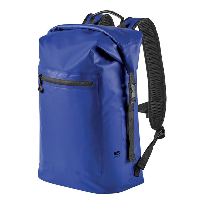 Cirrus Backpack 35 - A blue backpack with a roll-top design, featuring a front zip pocket and adjustable straps. It has a logo on it.
