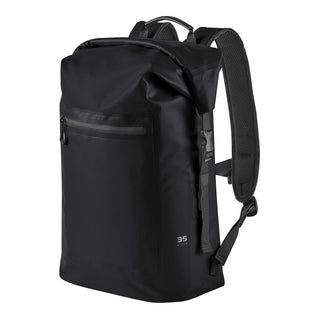 Cirrus Backpack 35 - A black waterproof backpack with adjustable straps and a front zip pocket. It has a distinctive branding logo.