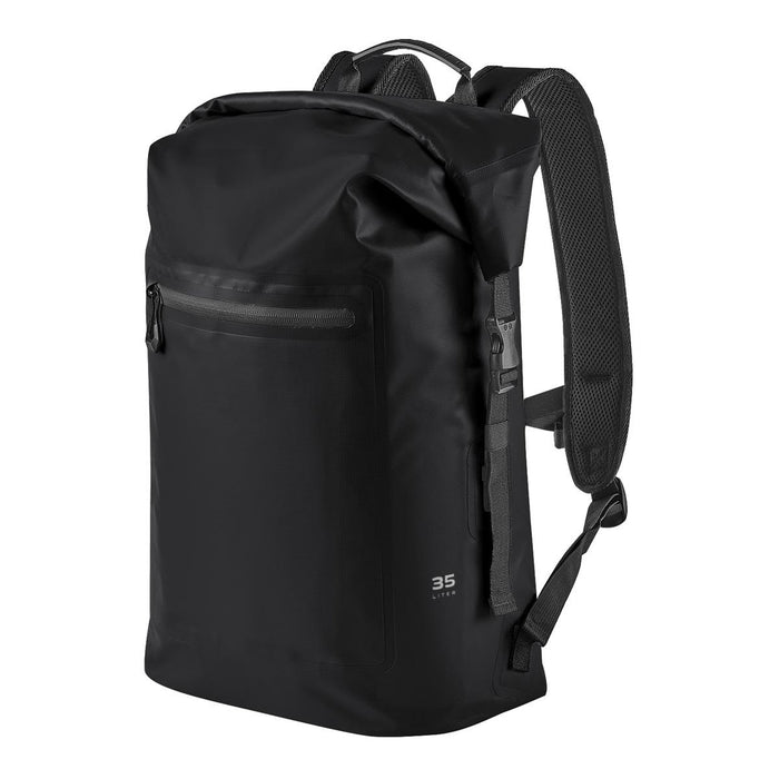 Cirrus Backpack 35 - A black waterproof backpack with adjustable straps and a front zip pocket. It has a distinctive branding logo.